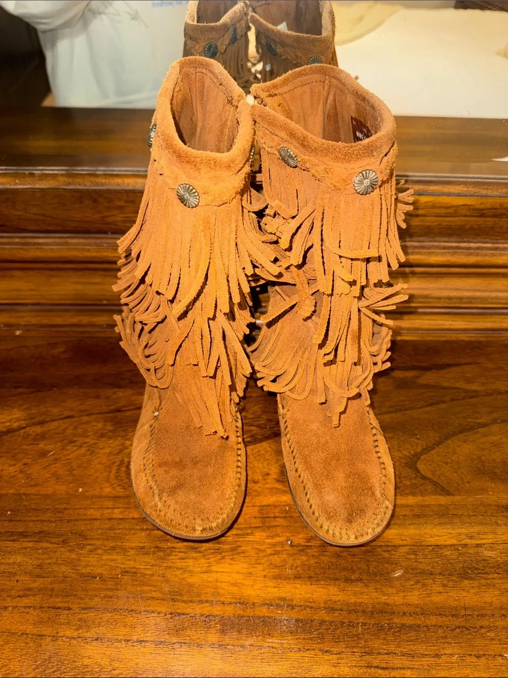Minnetonka Suede Fringe Moccasin Boots - Rust Tan